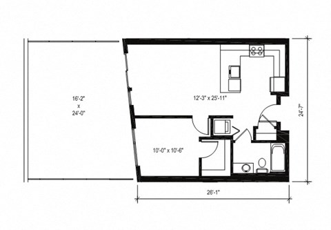 Floor plan for 1 bed, 1 bath, 630 sqft